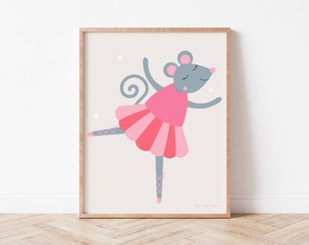 Tanzende Maus Nr. 1 Kinderzimmer Wandkunst, Maus Ballett, Mädchen Schlafzimmer zum Ausdrucken, Kinderzimmer Dekor, Süße Maus Illustration