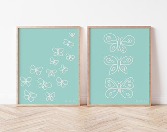 Mint Butterflies Set, Line Art, Minimalist Nursery Wall Art, Simple Illustration for Nursery or Girls Bedroom.