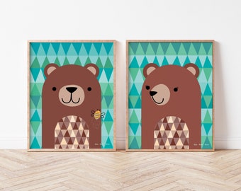 Two Bears Poster Set, Friendly Bears, Nursery Wall Art, Children’s Room Decor, Wall Art Printable