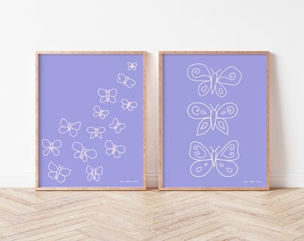 Ensemble de papillons violets doux, dessin au trait, art mural minimaliste pour chambre de bébé, illustration simple pour chambre de bébé ou de fille.