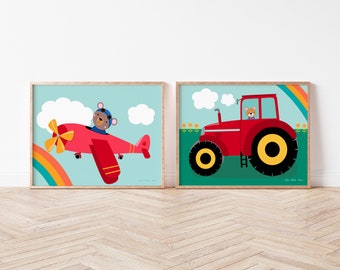 Ensemble d’ours, dans un avion et un tracteur, décor de chambre de garçons, art mural imprimable, ours d’avion et ours fermier, art de pépinière mignon