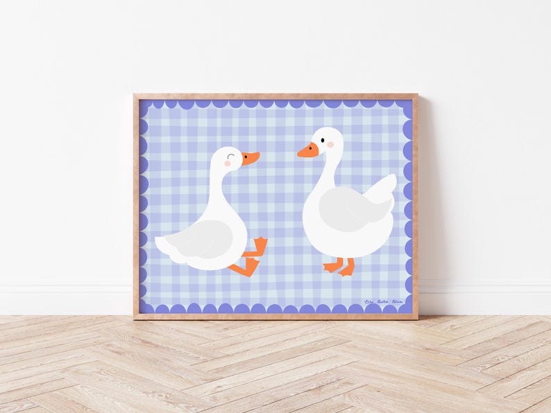 May include: Two white geese with orange beaks and feet are facing each other on a blue and white gingham background. The geese are on a blue background with white scalloped edges.