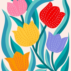 Fünf helle Tulpen, Blumenwandkunst, digitale Druckvorlage, bunte Illustration, modernes Dekor Bild 2