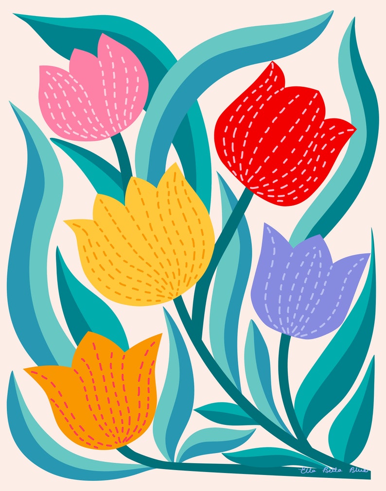 Fünf helle Tulpen, Blumenwandkunst, digitale Druckvorlage, bunte Illustration, modernes Dekor Bild 2