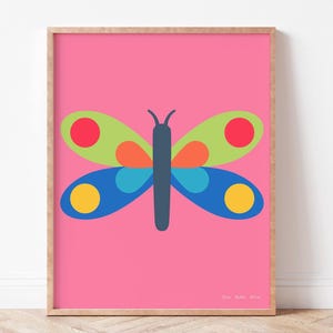 May include: A colorful butterfly illustration with blue, green, yellow, orange, and red wings on a pink background.