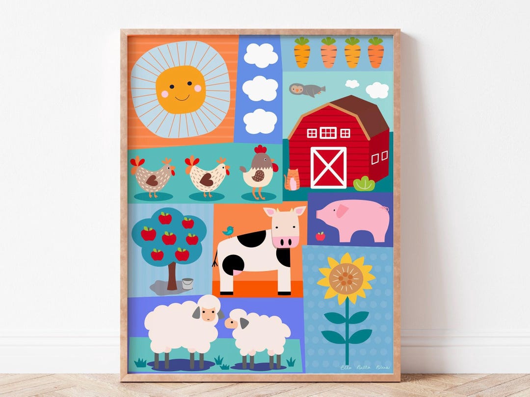 Farm Animal Nursery Wall Art | Bright Printable Kids Room Decor | Cow ...