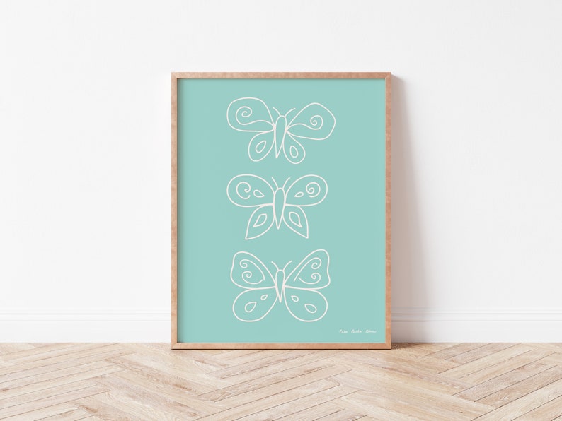 Mint Butterflies Set, Line Art, Minimalist Nursery Wall Art, Simple Illustration for Nursery or Girls Bedroom. image 3