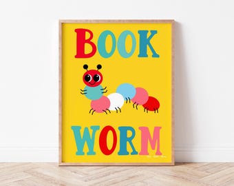 Book Worm Reading Poster, Colourful Printable Wall Art for Kids, Classroom & Reading Corner (Yellow)