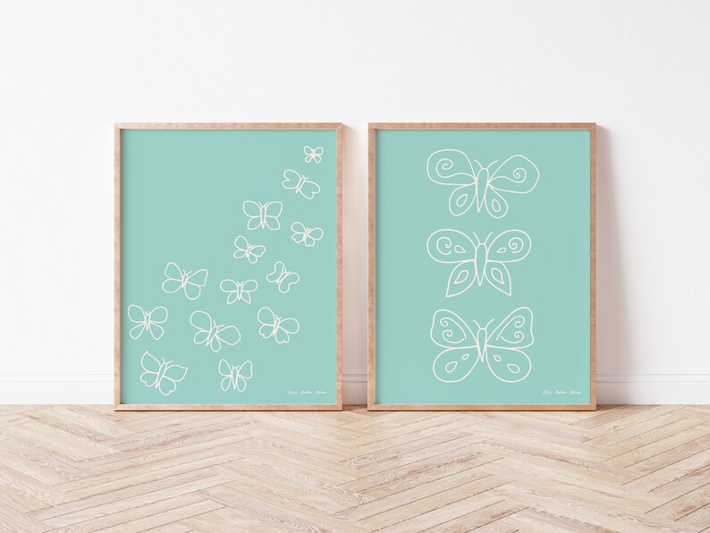 Mint Butterflies Set, Line Art, Minimalist Nursery Wall Art, Simple Illustration for Nursery or Girls Bedroom. image 1
