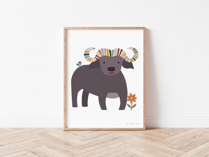 Boho Safari African Buffalo, Cute Animal Childrens Decor, Nursery Wall Art, Wild Animals Printables, Gender Neutral, Rainbow Stripes image 1