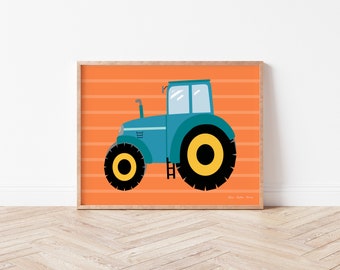 Tracteur sur fond orange, décor de chambre de garçons, art mural de chambre d’enfant, affiche sur le thème de la ferme