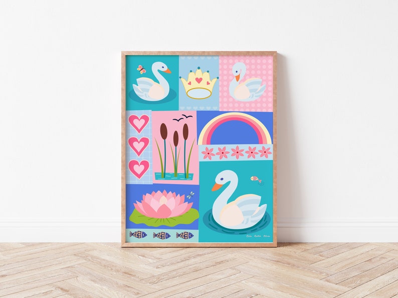 Swans Girl Nursery Decor, Toddler Wall Art, Childrens Bedroom Printable, Pink Princess Swan Theme image 1