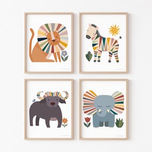 Boho Safari African Buffalo, Cute Animal Childrens Decor, Nursery Wall Art, Wild Animals Printables, Gender Neutral, Rainbow Stripes image 3