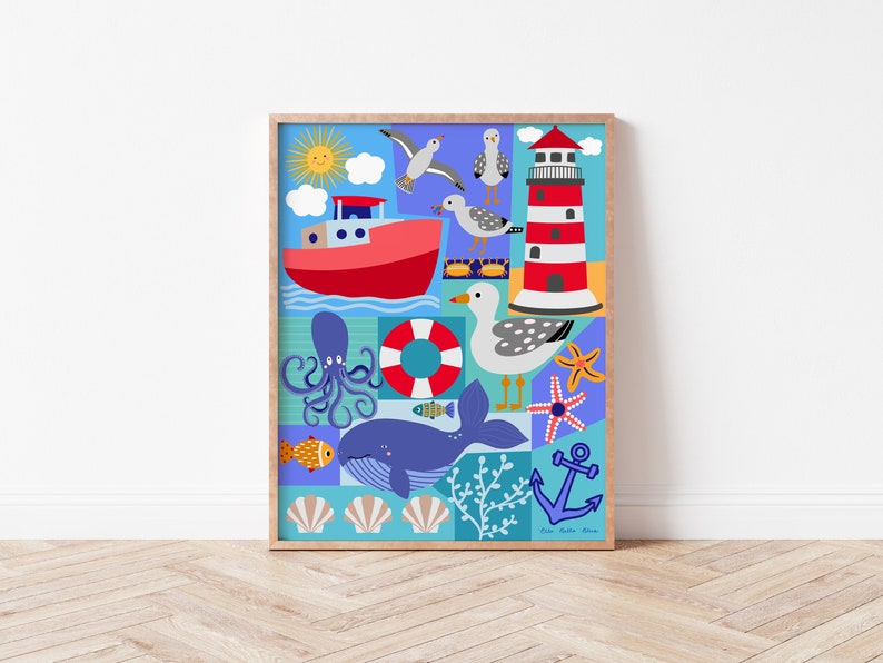 Sea And Sun Nautical Nursery Art, Childrens Room Decor, Digital Printable, Sea Life Illustration, Boy Room Wall Art image 1