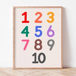 Póster de guardería con números y números de colores brillantes, decoración educativa para niños, impresión preescolar Montessori, arte de pared para sala de juegos, aprendizaje