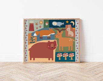 Ours et amis de la forêt - couleurs douces, décoration pour chambre d'enfant et de bébé, illustration d'animaux de la forêt, oeuvre d'art murale colorée.