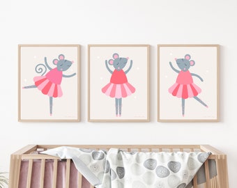 Dancing Mice Nursery Wall Art Set, Mouse Ballet, Girl Bedroom Printables, Children’s Bedroom Decor, Cute Mice Illustration