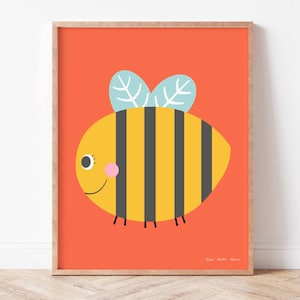 May include: A bright orange background with a cartoon bee illustration. The bee is yellow with black stripes and has a light blue wing. The bee has a pink cheek and a happy expression.
