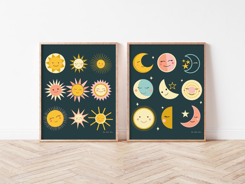 Happy Suns Cute Wall Art for Girls Nursery or Bedroom, Printable Decor, Playroom Art, Pink and Yellow with Dark Teal Background image 2