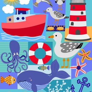 Sea And Sun Nautical Nursery Art, Childrens Room Decor, Digital Printable, Sea Life Illustration, Boy Room Wall Art image 2