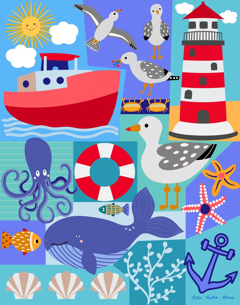 Sea And Sun Nautical Nursery Art, Childrens Room Decor, Digital Printable, Sea Life Illustration, Boy Room Wall Art image 2
