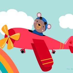 Orso dell'aeroplano, arte dell'asilo nido dell'orso, arredamento della camera da letto per bambini, illustrazione dell'aereo, arte della parete del ragazzo, orsacchiotto carino, poster stampabile dell'orso in aereo immagine 2