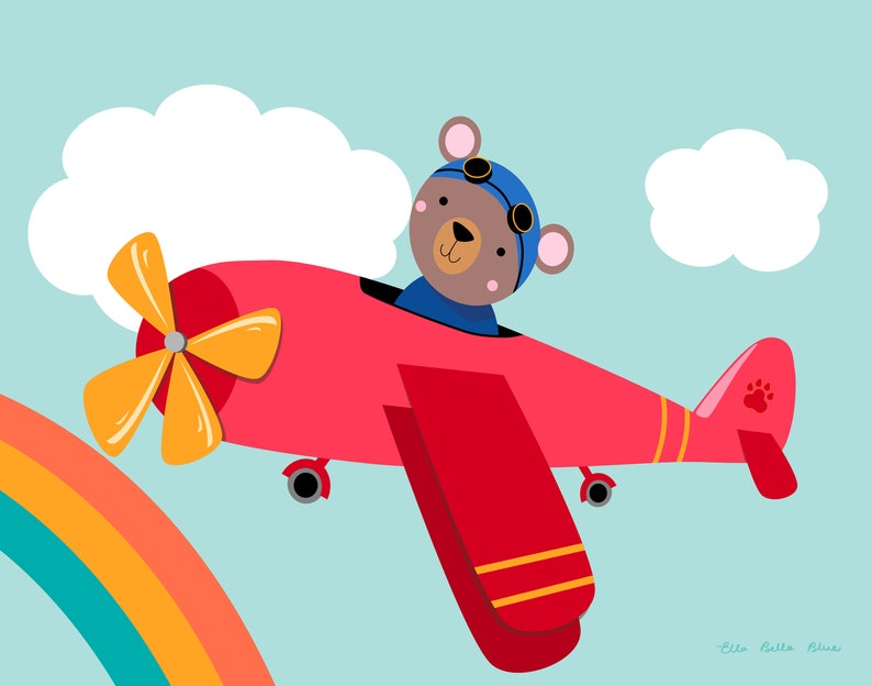 Orso dell'aeroplano, arte dell'asilo nido dell'orso, arredamento della camera da letto per bambini, illustrazione dell'aereo, arte della parete del ragazzo, orsacchiotto carino, poster stampabile dell'orso in aereo immagine 2