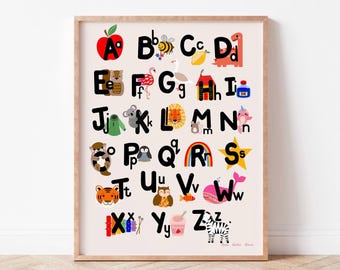 May include: A colorful alphabet chart with illustrations of animals, objects, and food for each letter. The letters are in black and the illustrations are in various colors.