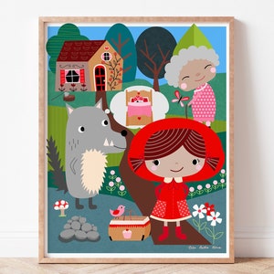 Rotkäppchen (vor der Kriminalität) Kinder Dekor druckbare, Märchen Illustration digital druckbare, Kinderzimmer Wandbehang, Märchenstunde