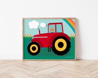 Ours tracteur, oeuvre d'art pour chambre d'enfant, décoration de chambre de bambin, illustration de tracteur rouge, art mural garçon, nounours mignon, ours dans le tracteur affiche imprimable