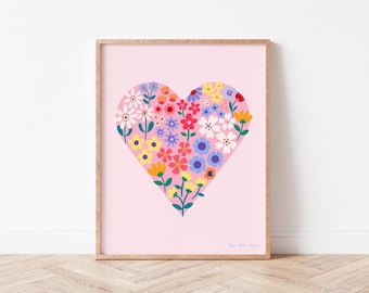 Floral Heart Wall Art | Soft Pink Flower Heart Printable | Nursery Girl Room Decor