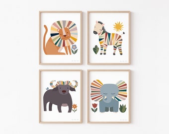 Image Boho Safari, Décor pour enfants d’animaux mignons, Art mural de pépinière, Imprimables d’animaux sauvages, Neutre en matière de genre, Arc-en-ciel