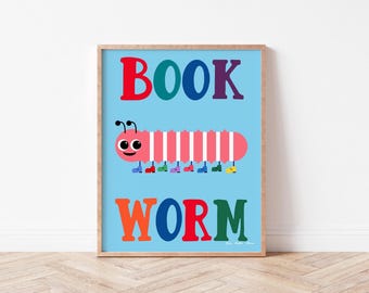 Book Worm Reading Poster | Colourful Printable Wall Art for Kids’ Room, Classroom or Library | Reading Corner Digital Download