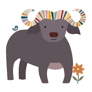 Boho Safari African Buffalo, Cute Animal Childrens Decor, Nursery Wall Art, Wild Animals Printables, Gender Neutral, Rainbow Stripes image 2