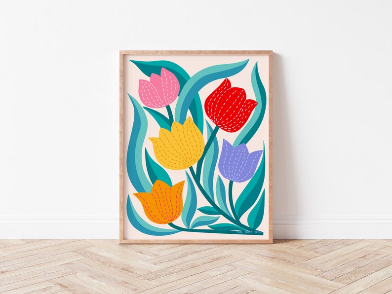 Five Bright Tulips, Floral Wall Art, Digital Printable, Colourful Illustration, Modern Decor image 1