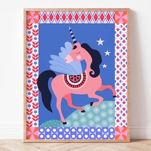 May include: A pink unicorn with blue wings and a colorful patterned saddle stands on a blue background with stars. The unicorn is framed by a colorful border with geometric patterns.