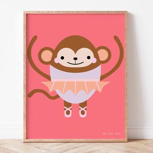 May include: A brown monkey wearing a pink tutu and pink ballet shoes on a pink background. The monkey is smiling and has its arms raised in the air.