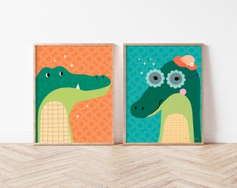 Mr&Mrs Croc Cute Crocodile Illustration Set for Children’s Bedroom Decor, Digital Printable, Cute Wall Art, Boys Room Poster