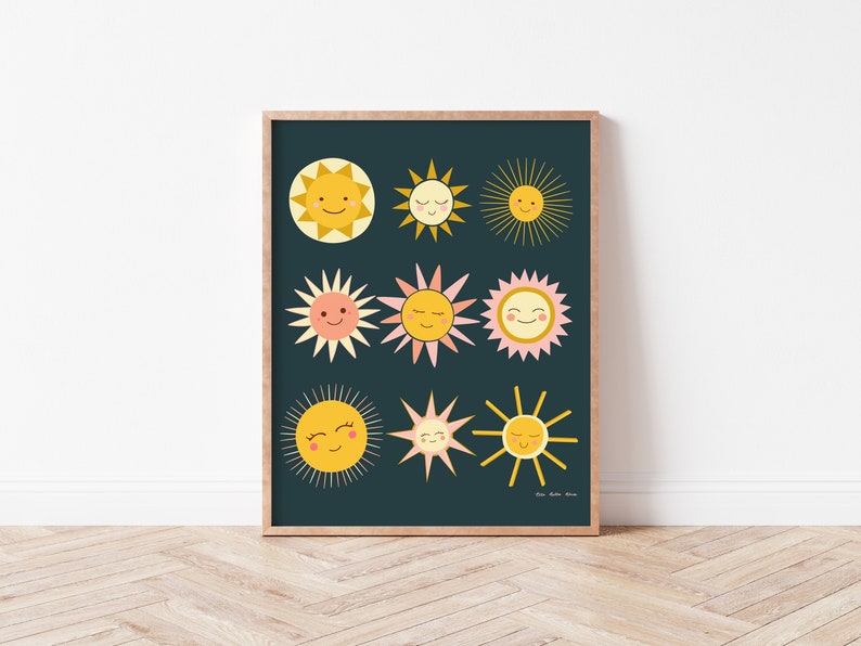 Happy Suns Cute Wall Art for Girls Nursery or Bedroom, Printable Decor, Playroom Art, Pink and Yellow with Dark Teal Background image 1