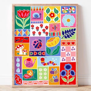 Garten Quilt helle und glückliche Kinder Kunst, Kleinkind Dekor, bunte Wandkunst für Schlafzimmer oder Spielzimmer zum Ausdrucken