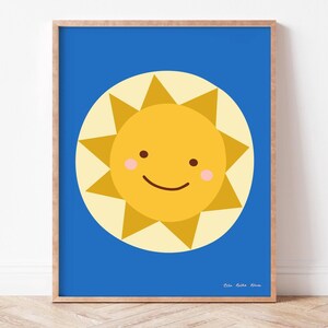 May include: A smiling yellow sun with a light yellow halo on a blue background. The sun has pink cheeks and a happy expression. The text "Hello Sunshine" is at the bottom of the image.