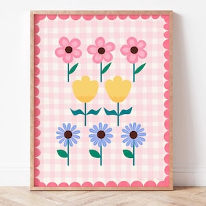 Gingham Blumen niedlich rosa Wand Dekor für Mädchen Kinderzimmer Digitaldruck, Floral Kinder Poster Mädchen, einfache Illustration, rosa gelb blau Kunst