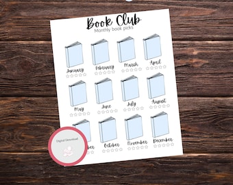 Book Club Monthly Book Tracker with rating stars
