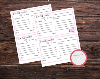 Book Club Cocktail & Mocktail Recipe Cards Pink