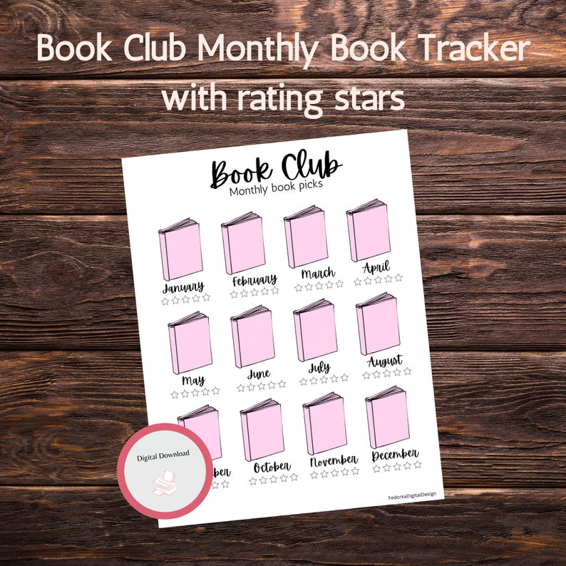 May include: A printable book club tracker with a pink book icon for each month of the year.  Each book icon has a rating system with five stars below it.  The text "Book Club" is at the top of the page with the text "Monthly book picks" below it.