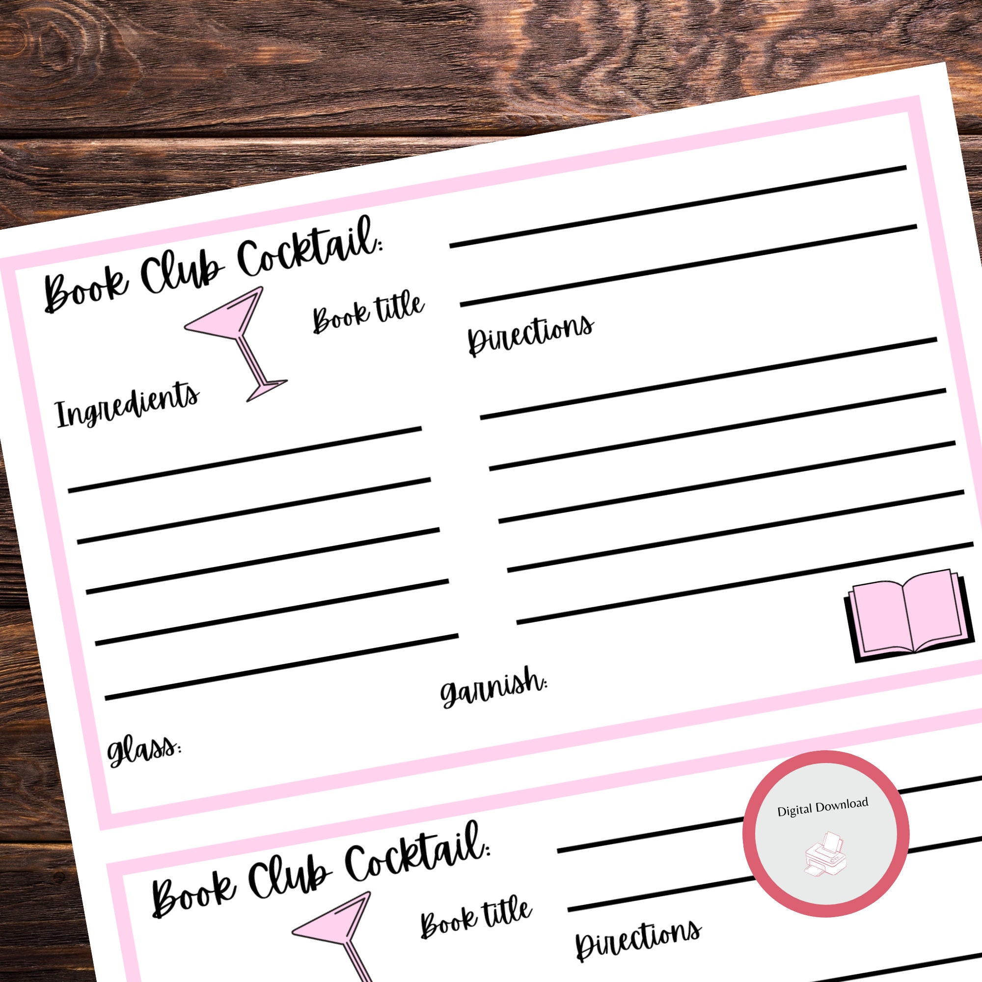 book-club-cocktail-mocktail-recipe-cards-pink-etsy