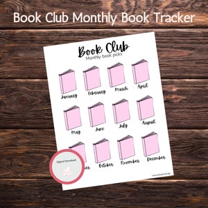 May include: A printable book club tracker with a pink book icon for each month of the year. The text "Book Club Monthly Book Tracker" is at the top of the page. The text "Book Club Monthly book picks" is below the title.