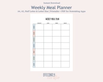 Puede incluir: Un planificador de comidas semanal imprimible con una cuadrícula para planificar las comidas para cada día de la semana. El planificador está dividido en secciones para el desayuno, el almuerzo, la cena y los refrigerios. El planificador está etiquetado como "Plan de comidas semanal" y tiene el texto "EFFICIENTLY ever after" en la parte inferior.