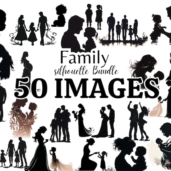 Ensemble familial SVG - 50 images clipart PNG, JPEG, SVG. Maman, papa, enfants, fils, fille, meilleurs amis. Fichier de coupe de silhouette familiale, usage commercial.