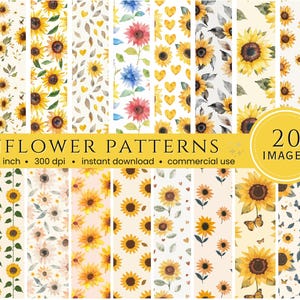 Watercolor Sunflowers Digital Paper - 20 seamless autumn fall summer printable textures printable scrapbook paper, Flowers Pattern